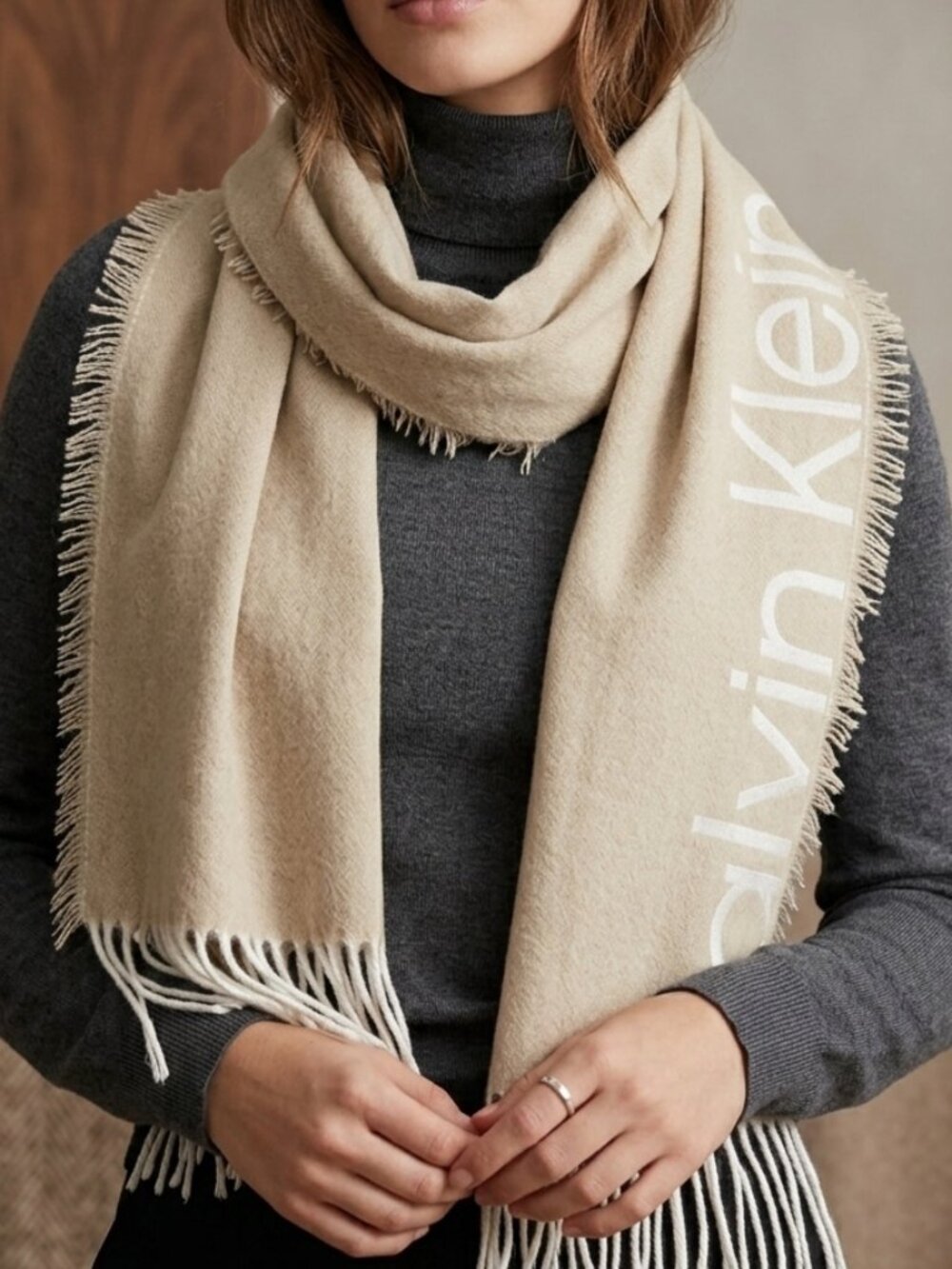 • Calvin Klein Monogram Logo Scarf Beige Tan OS NWT